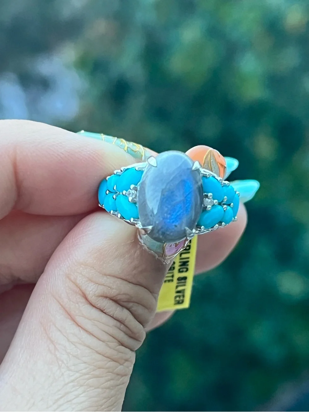 Sterling Silver Labradorite and Turquoise Statement Ring Size 6